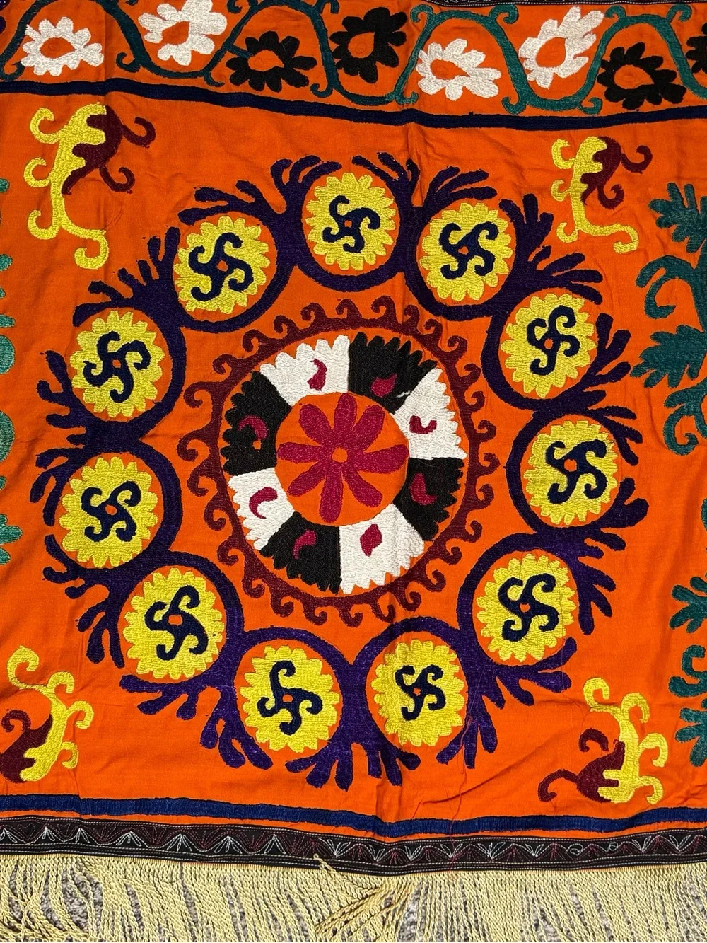 Set of 5 Vintage Uzbek Suzani Hand-Embroidered Panels - Orange Boho Wall Art